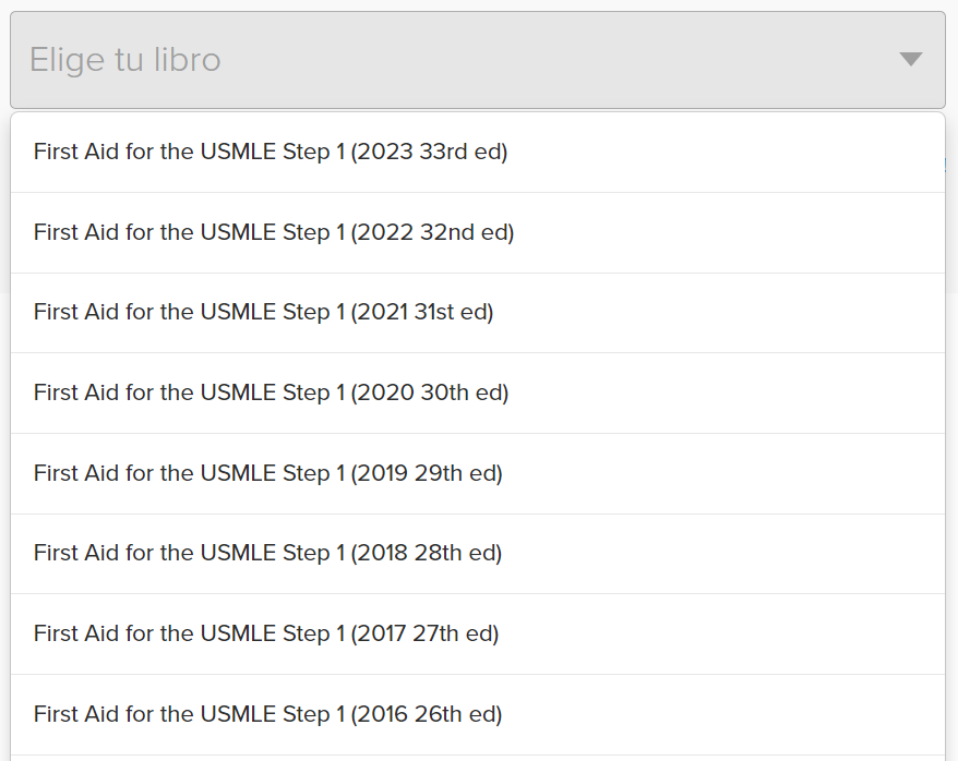 Menú desplegable de selección de libros