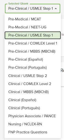 Qbank selection screen 