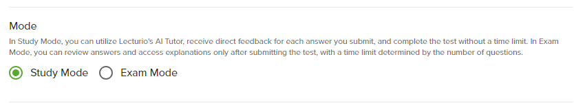 Study Mode vs Exam Mode selection interface