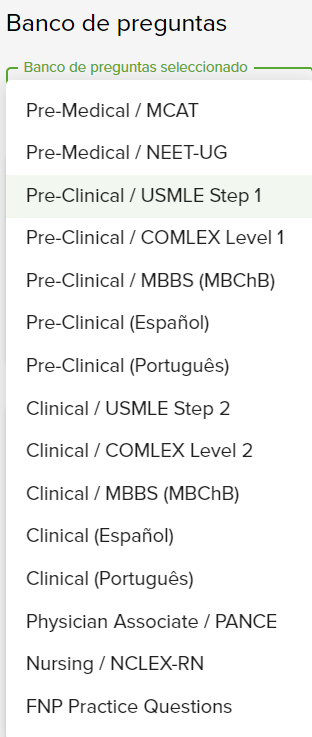 Pantalla de selección de Qbank 