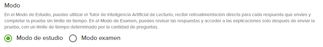 Interfaz de selección entre modo de estudio y modo examen
