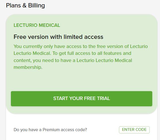 Plans & Billing section with access code field