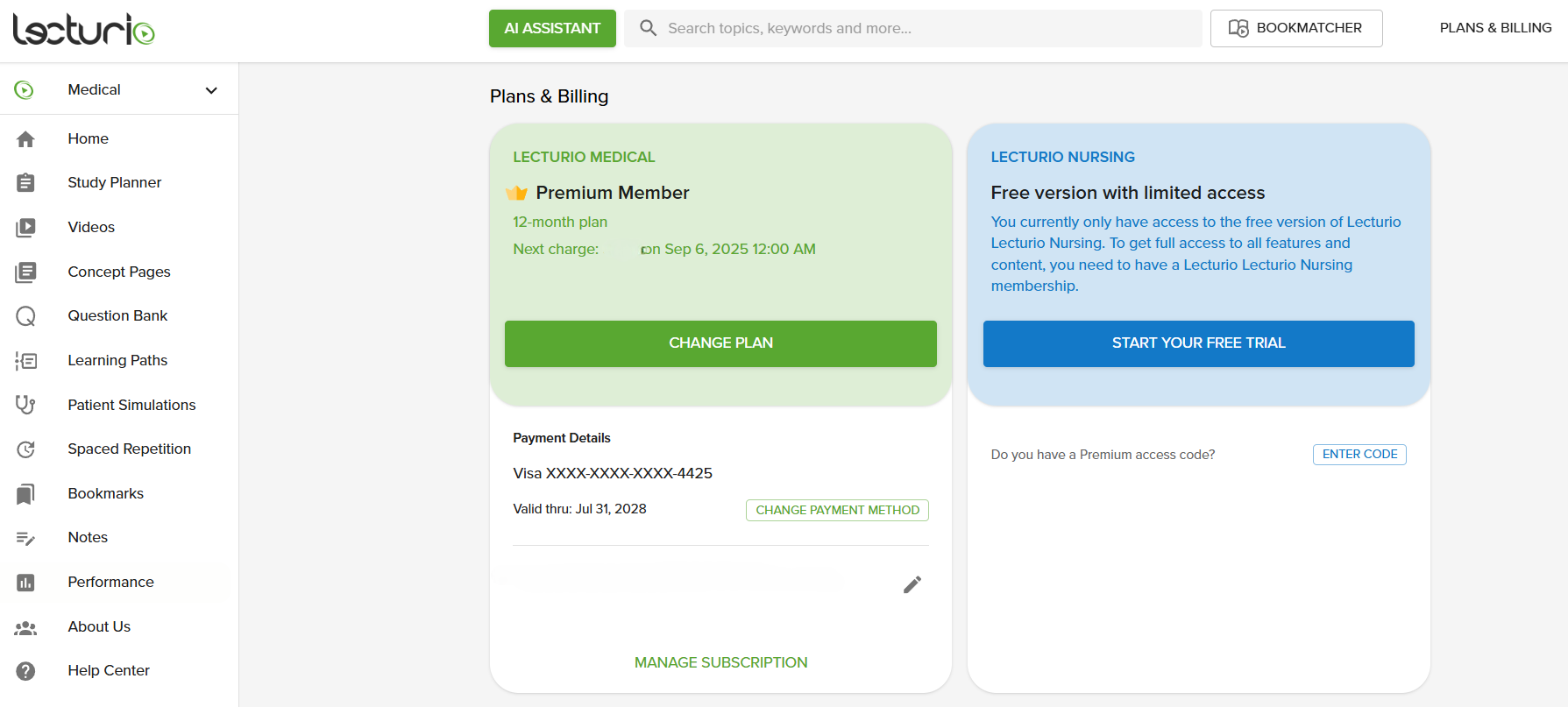 Screenshot showing the Plans & Billing page with Change Plan button