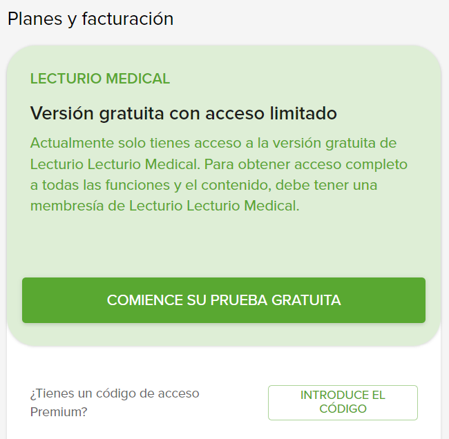 Sección Planes y facturación con campo para código de acceso