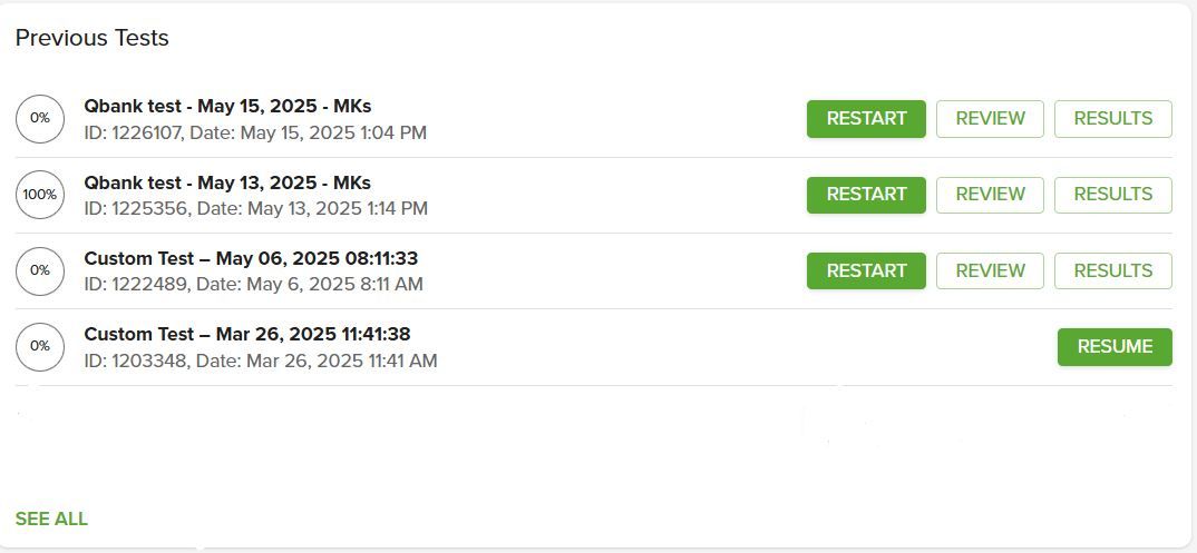 Screenshot showing the Previous Tests section with Resume, Restart, Review, and Results option