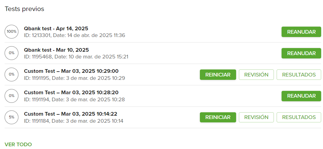 Captura de pantalla que muestra la sección Pruebas anteriores con las opciones Reanudar, Reiniciar, Revision y Resultados.