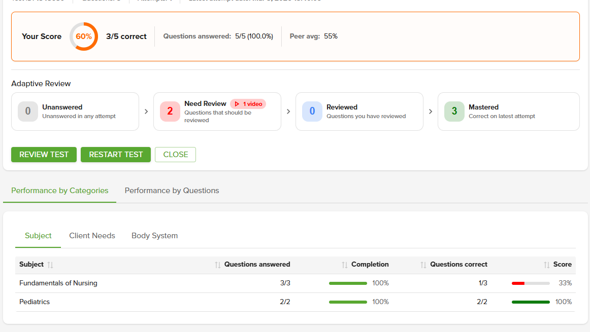 Screenshot of performance overview, including score
