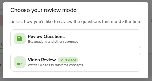 Screenshot of pop-up to select the review mode