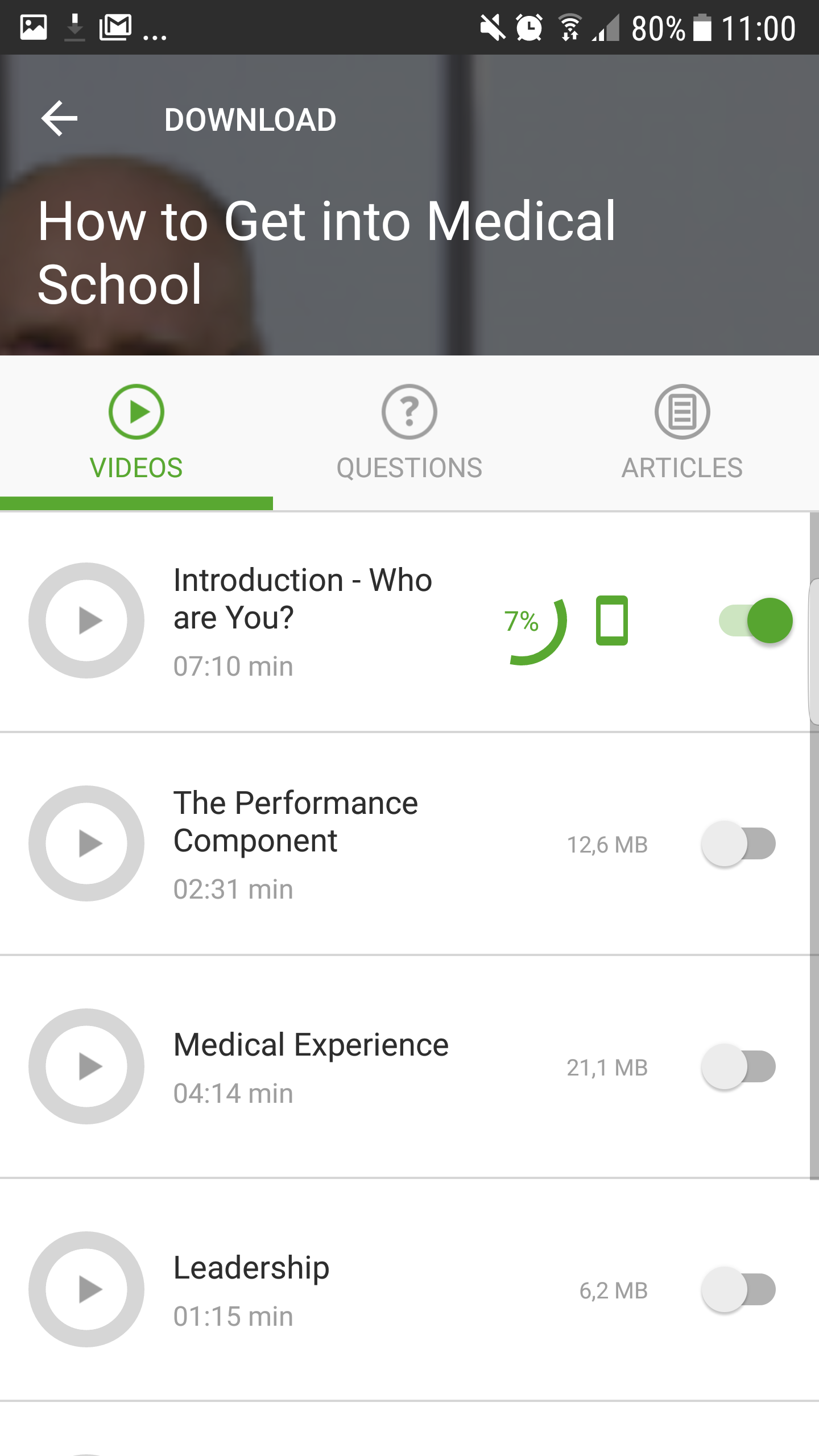 Android app download interface showing switch next to lesson title